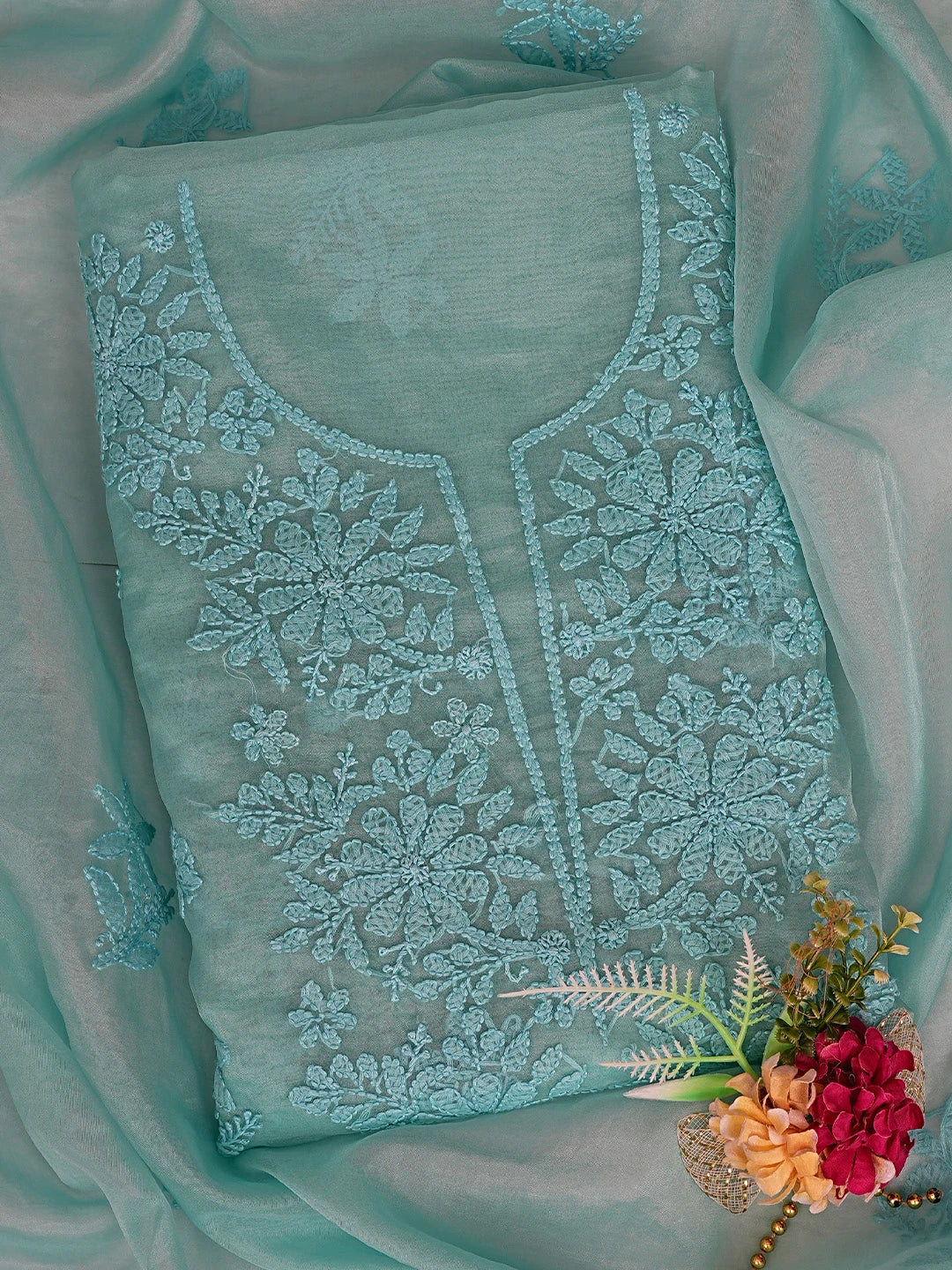 Ada Hand Embroidered Aquamarine Green Organza Lucknowi Chikankari Unstitched Kurta Dupatta Set 01A743478
