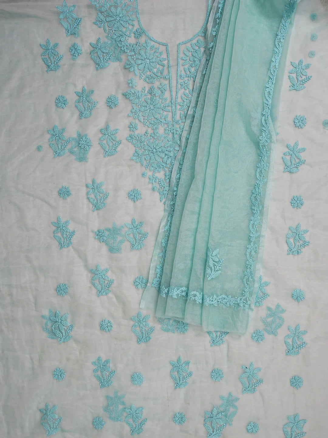 Ada Hand Embroidered Aquamarine Green Organza Lucknowi Chikankari Unstitched Kurta Dupatta Set 01A743478