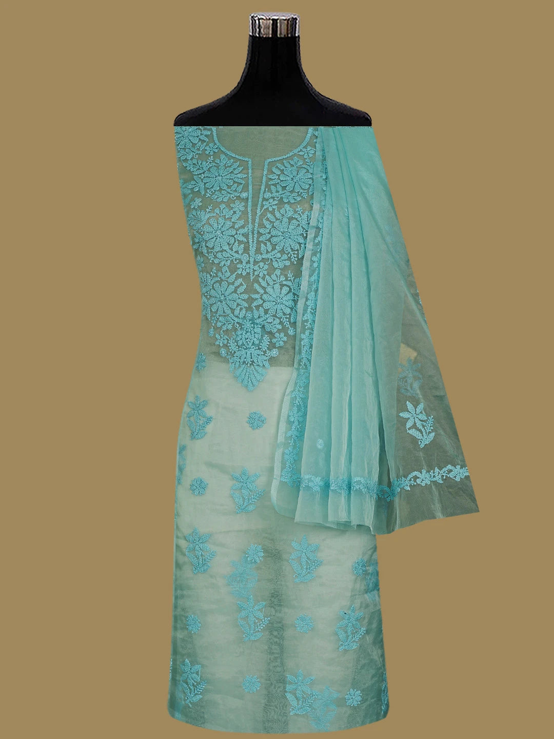 Ada Hand Embroidered Aquamarine Green Organza Lucknowi Chikankari Unstitched Kurta Dupatta Set 01A743478
