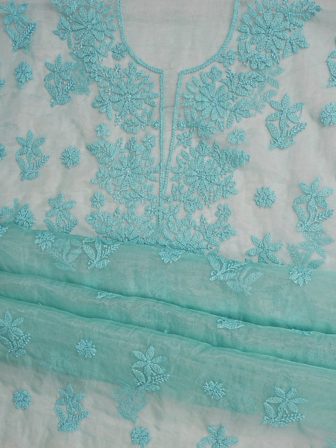 Ada Hand Embroidered Aquamarine Green Organza Lucknowi Chikankari Unstitched Kurta Dupatta Set 01A743478