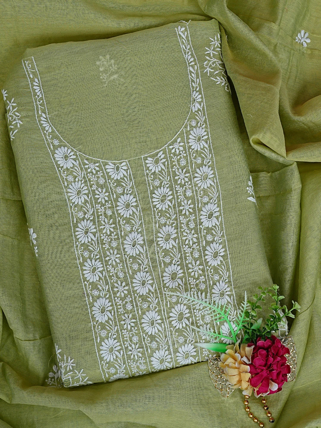 Ada Hand Embroidered Green Chanderi Lucknowi Chikankari Unstitched Kurta Dupatta Set 01A841570
