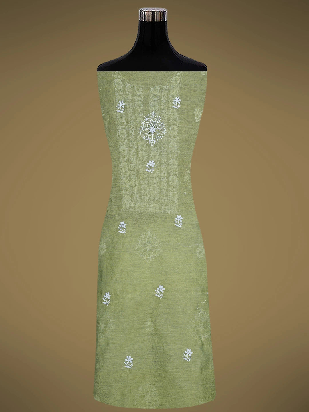Ada Hand Embroidered Green Chanderi Lucknowi Chikankari Unstitched Kurta Dupatta Set 01A841570