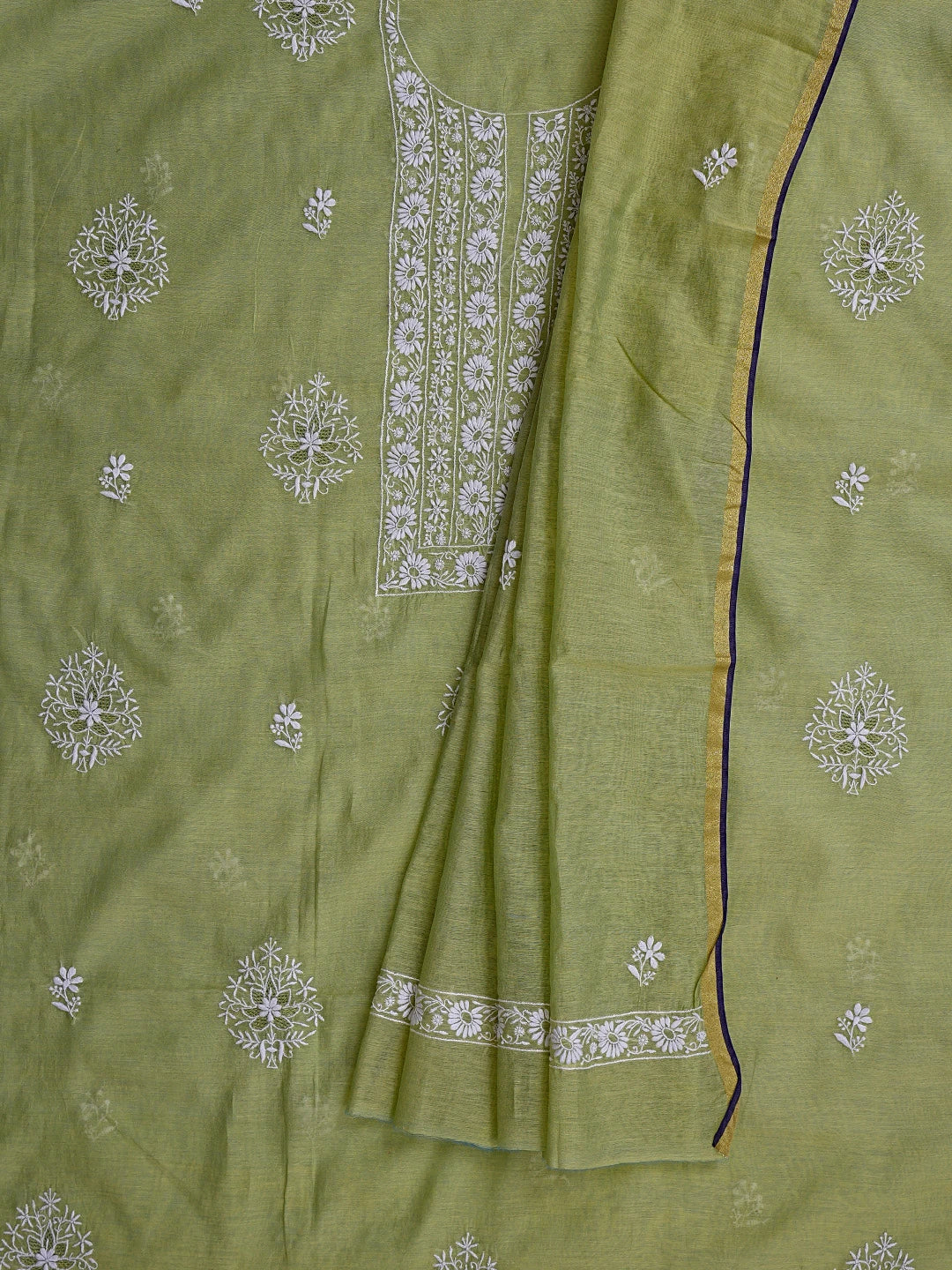 Ada Hand Embroidered Green Chanderi Lucknowi Chikankari Unstitched Kurta Dupatta Set 01A841570