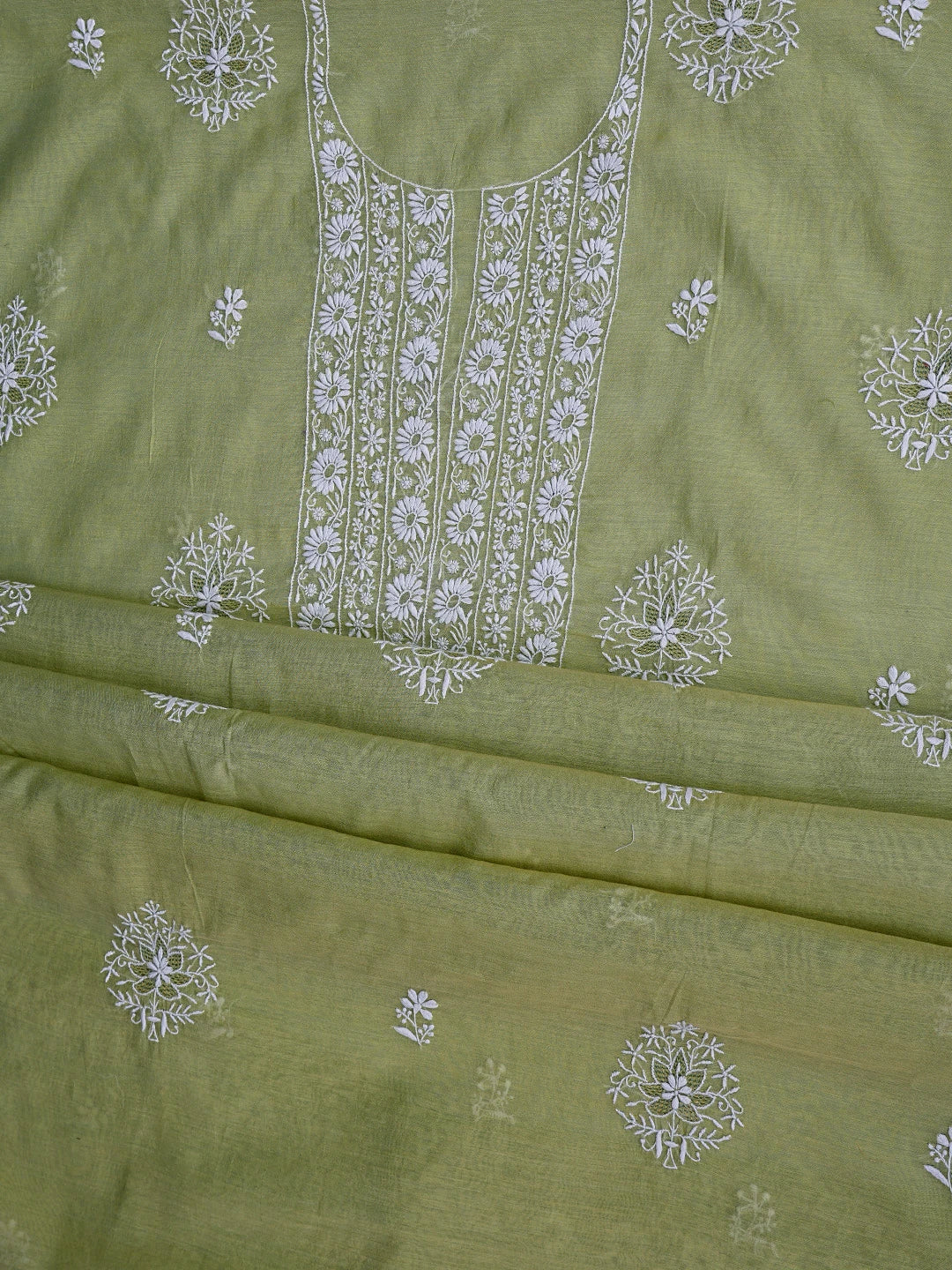 Ada Hand Embroidered Green Chanderi Lucknowi Chikankari Unstitched Kurta Dupatta Set 01A841570