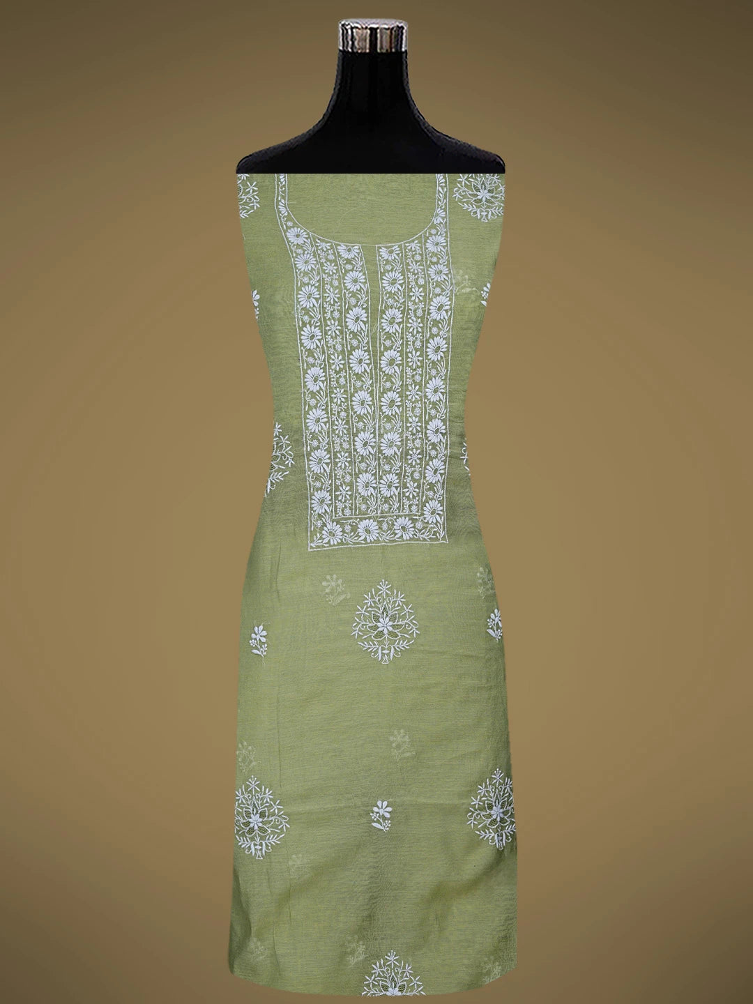 Ada Hand Embroidered Green Chanderi Lucknowi Chikankari Unstitched Kurta Dupatta Set 01A841570