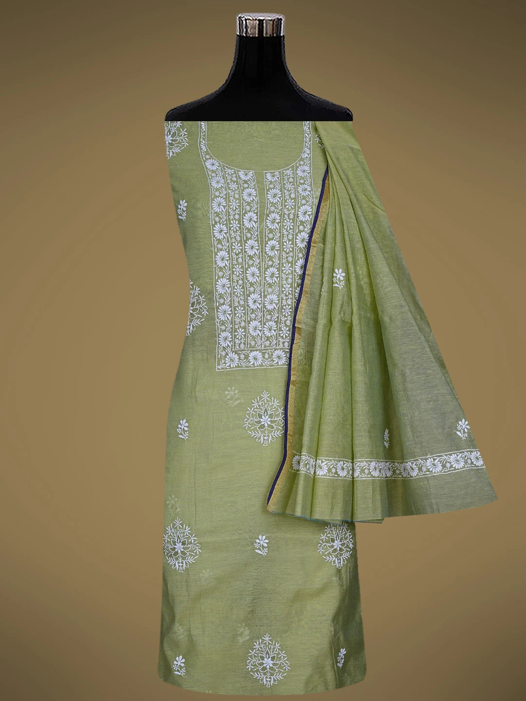 Ada Hand Embroidered Green Chanderi Lucknowi Chikankari Unstitched Kurta Dupatta Set 01A841570