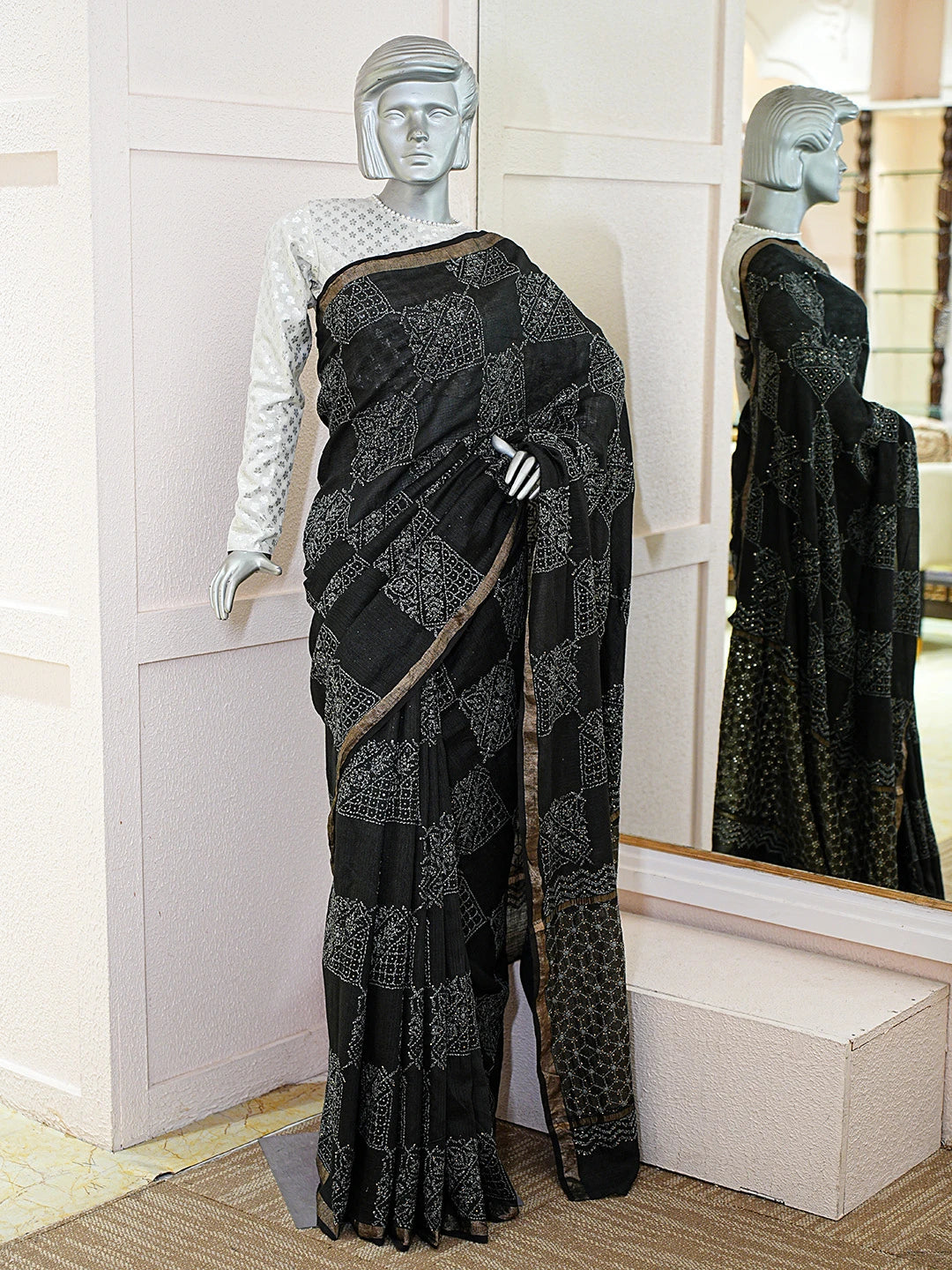 Ada Hand Embroidered Black Kota Moonga Lucknowi Chikankari Saree With Blouse With Mukaish Work 01A719223