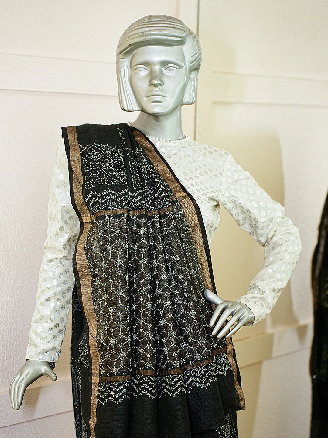 Ada Hand Embroidered Black Kota Moonga Lucknowi Chikankari Saree With Blouse With Mukaish Work 01A719223