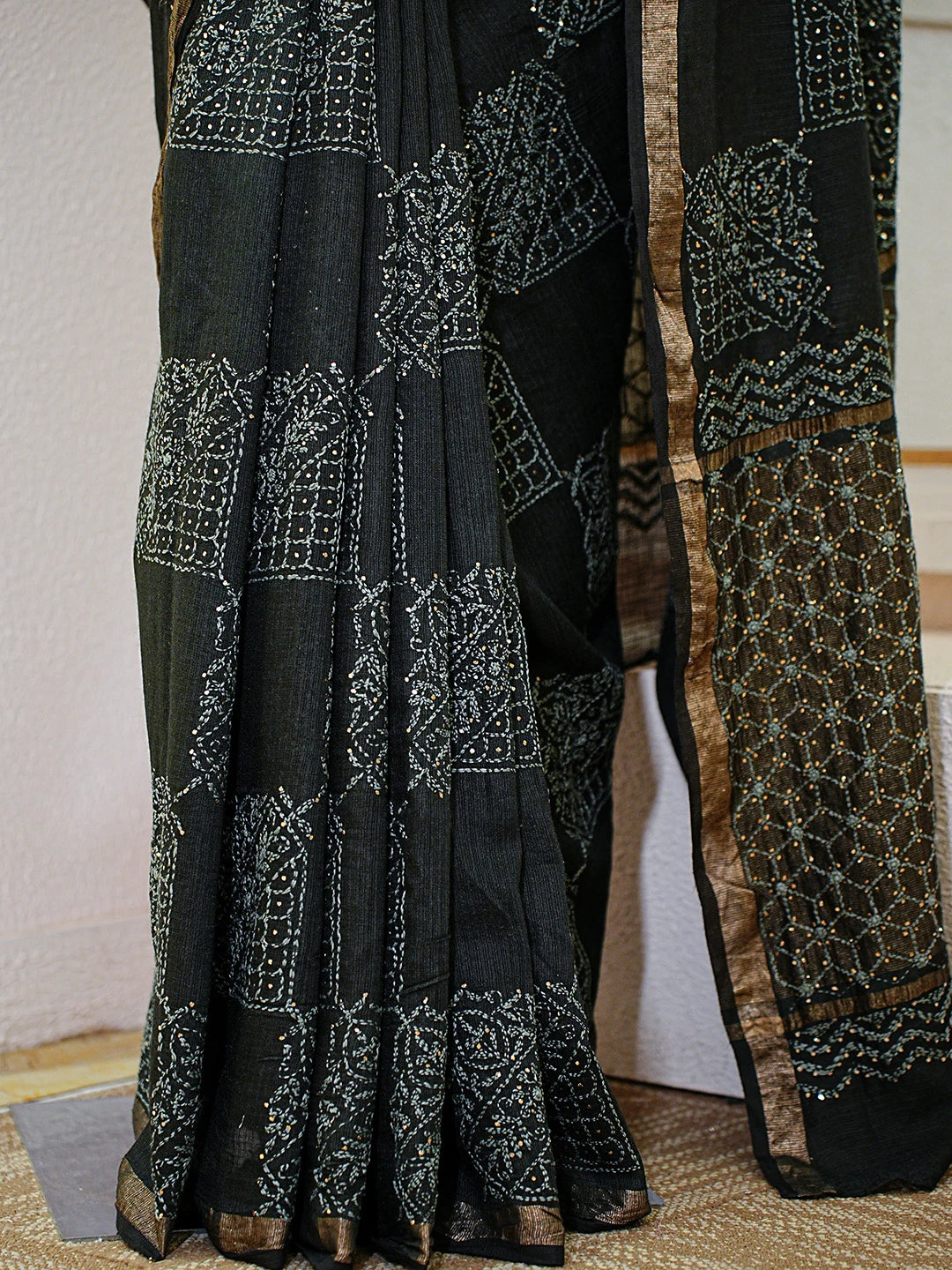 Ada Hand Embroidered Black Kota Moonga Lucknowi Chikankari Saree With Blouse With Mukaish Work 01A719223