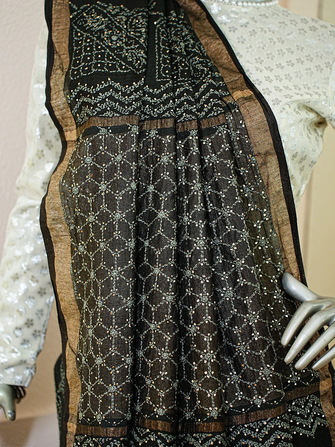 Ada Hand Embroidered Black Kota Moonga Lucknowi Chikankari Saree With Blouse With Mukaish Work 01A719223