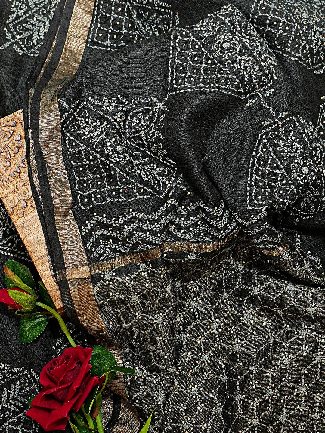 Ada Hand Embroidered Black Kota Moonga Lucknowi Chikankari Saree With Blouse With Mukaish Work 01A719223