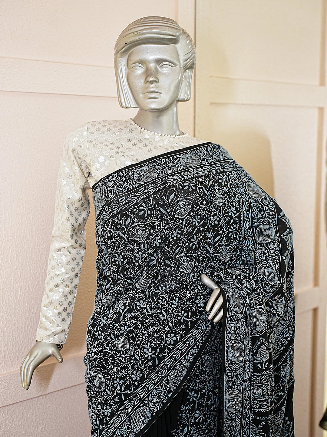 Ada Hand Embroidered Black Pure Georgette Lucknowi Chikankari Saree With Blouse 01A792346