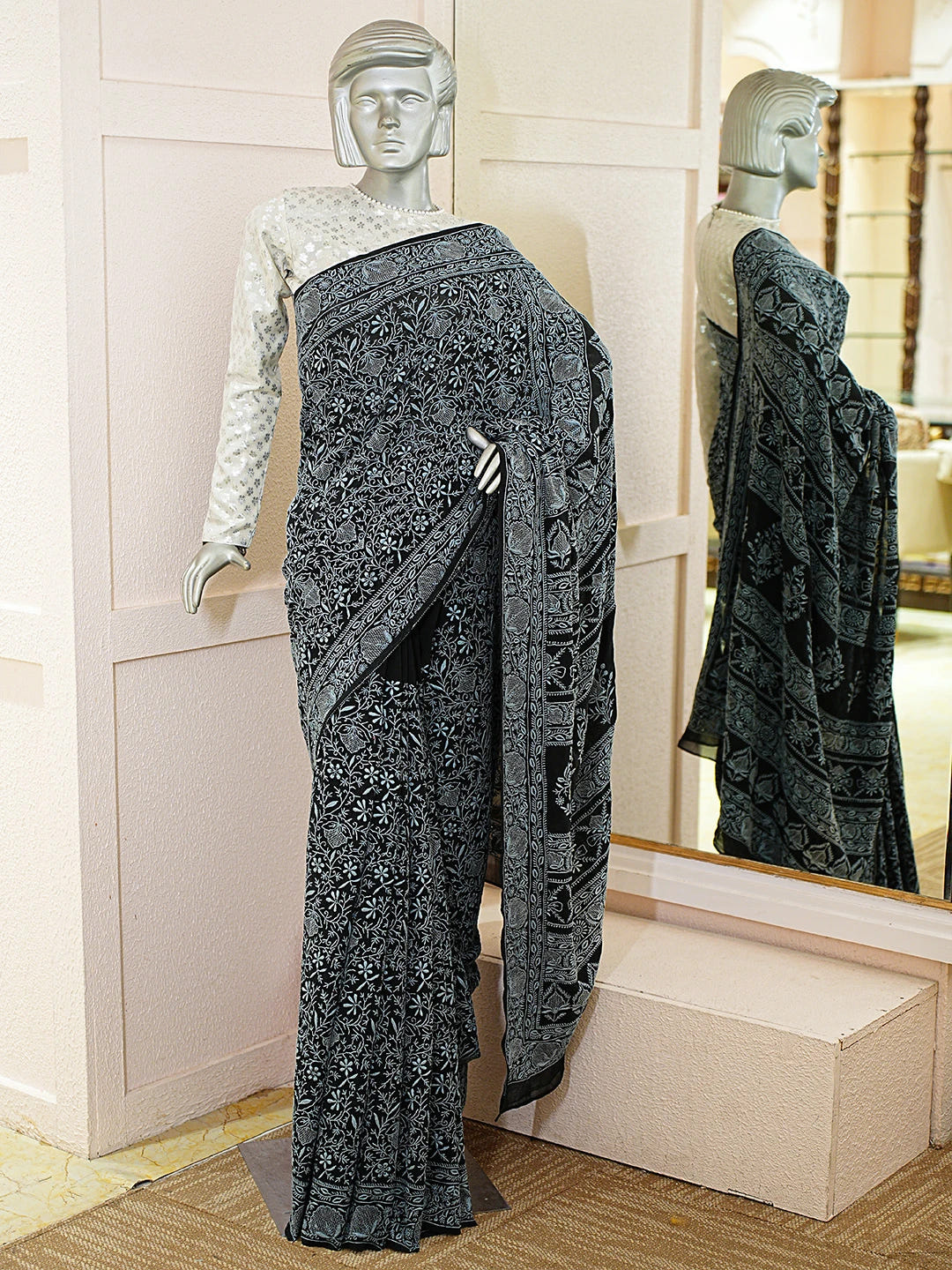 Ada Hand Embroidered Black Pure Georgette Lucknowi Chikankari Saree With Blouse 01A792346