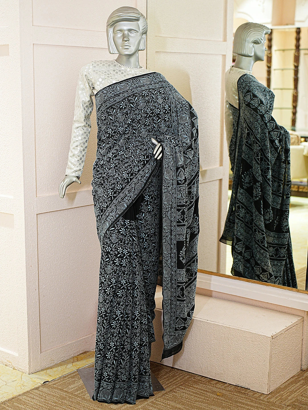 Ada Hand Embroidered Black Pure Georgette Lucknowi Chikankari Saree With Blouse 01A792346
