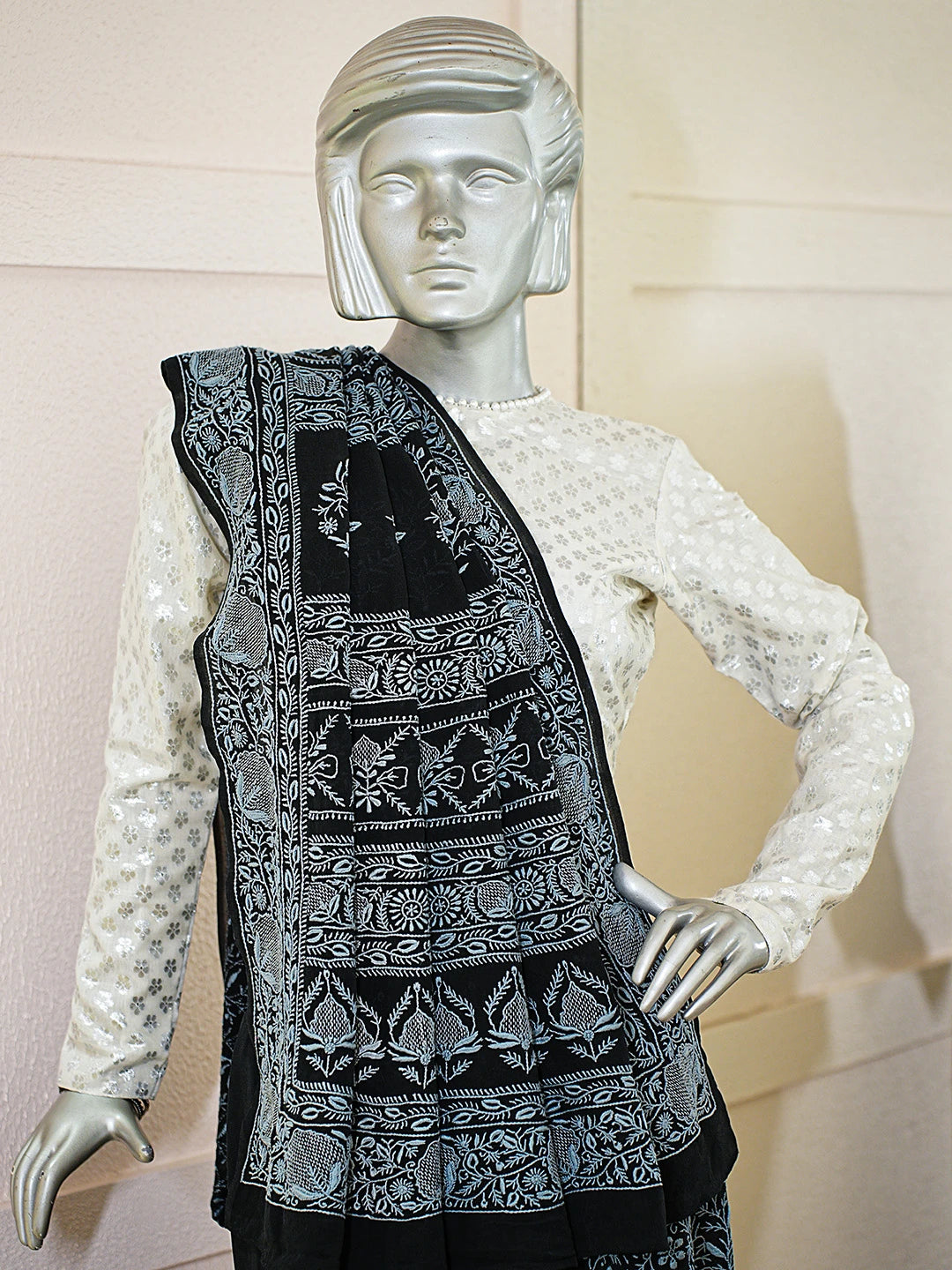 Ada Hand Embroidered Black Pure Georgette Lucknowi Chikankari Saree With Blouse 01A792346