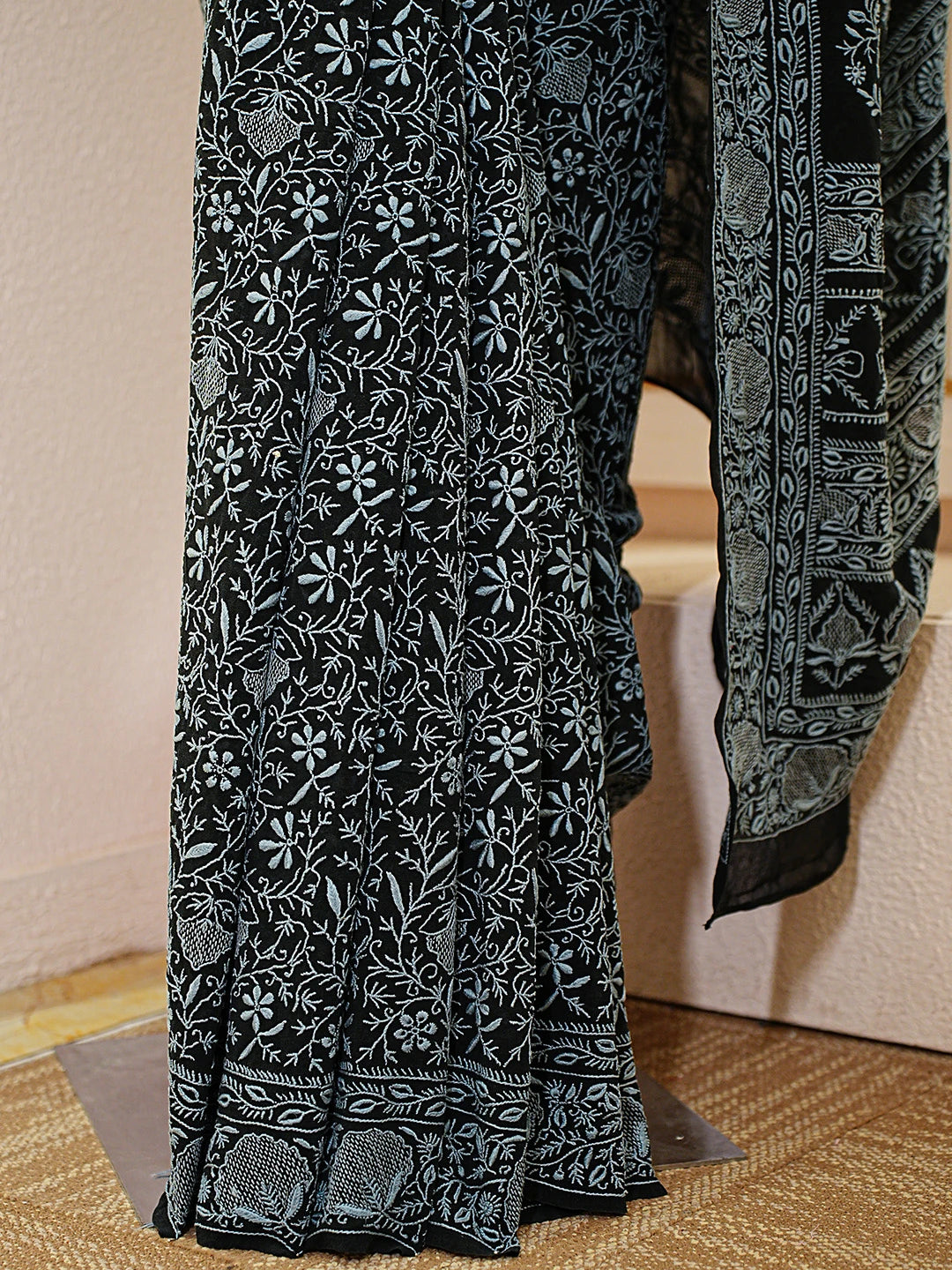Ada Hand Embroidered Black Pure Georgette Lucknowi Chikankari Saree With Blouse 01A792346