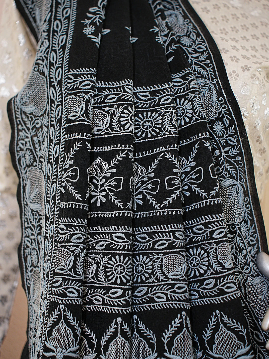 Ada Hand Embroidered Black Pure Georgette Lucknowi Chikankari Saree With Blouse 01A792346