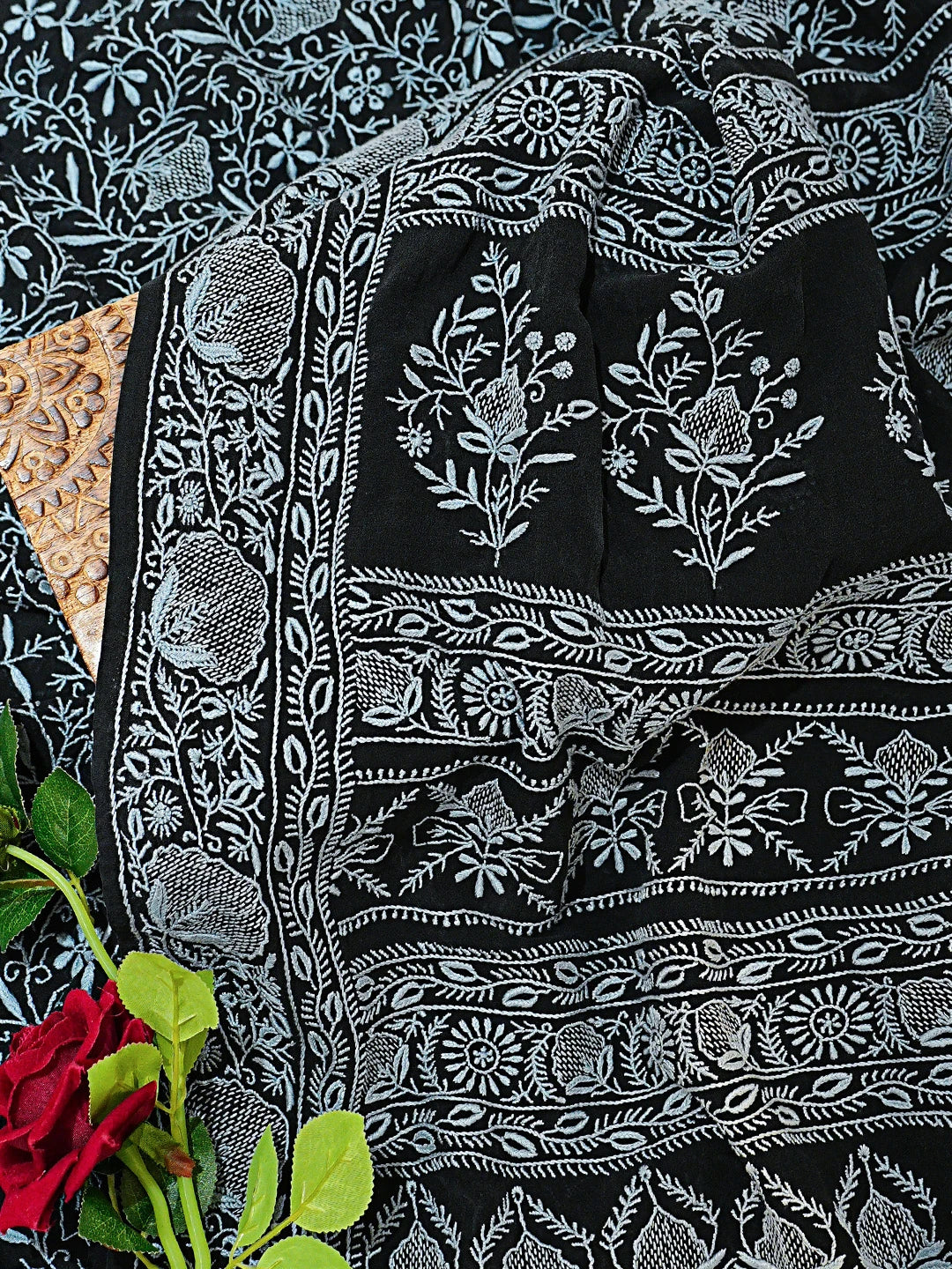 Ada Hand Embroidered Black Pure Georgette Lucknowi Chikankari Saree With Blouse 01A792346