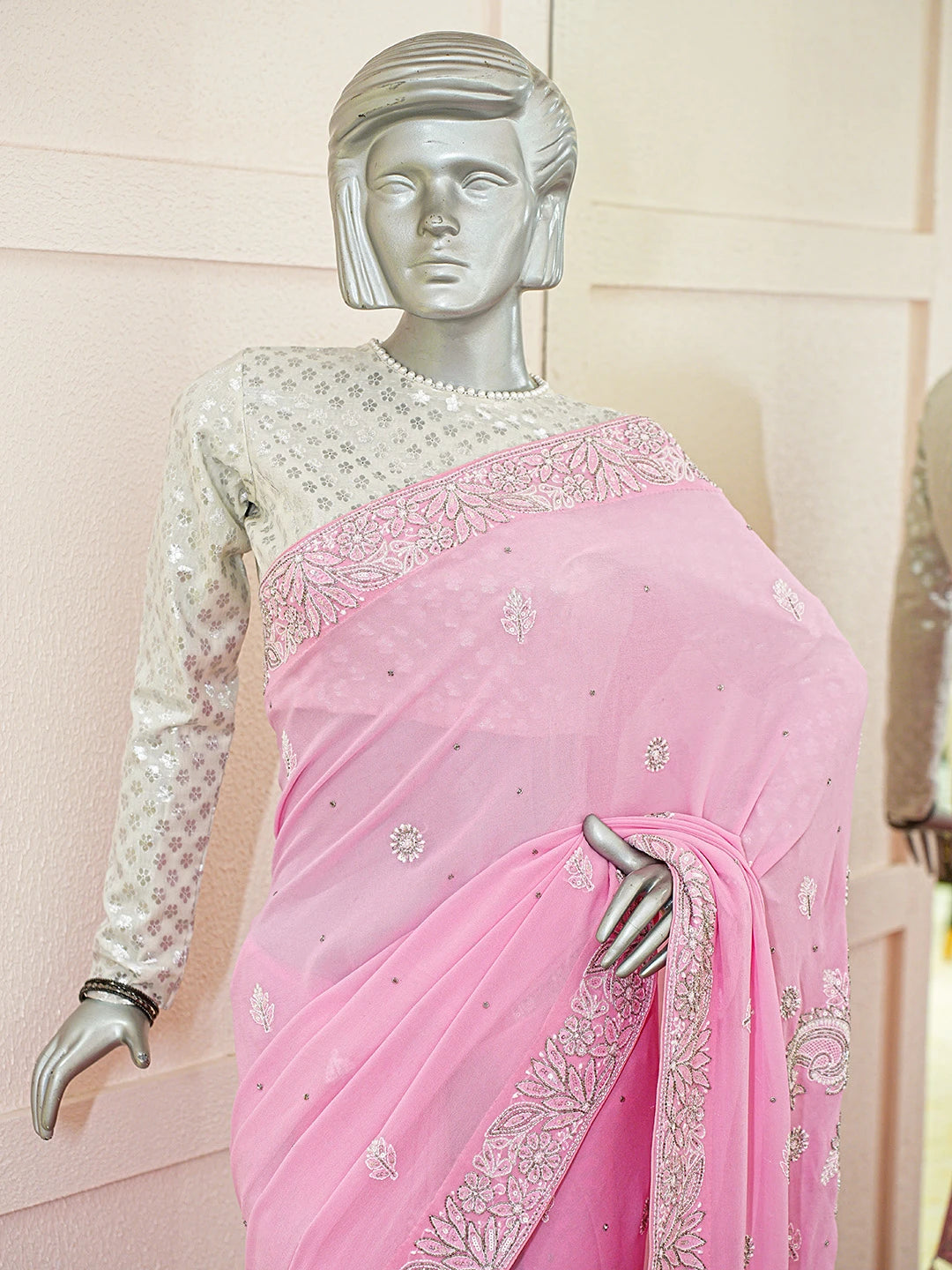 Ada Hand Embroidered Pink Pure Georgette Lucknowi Chikankari Saree With Blouse With Cutdana Work 01A689882