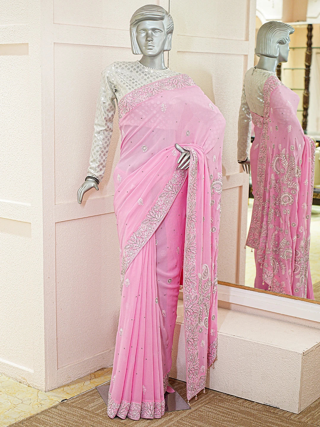 Ada Hand Embroidered Pink Pure Georgette Lucknowi Chikankari Saree With Blouse With Cutdana Work 01A689882
