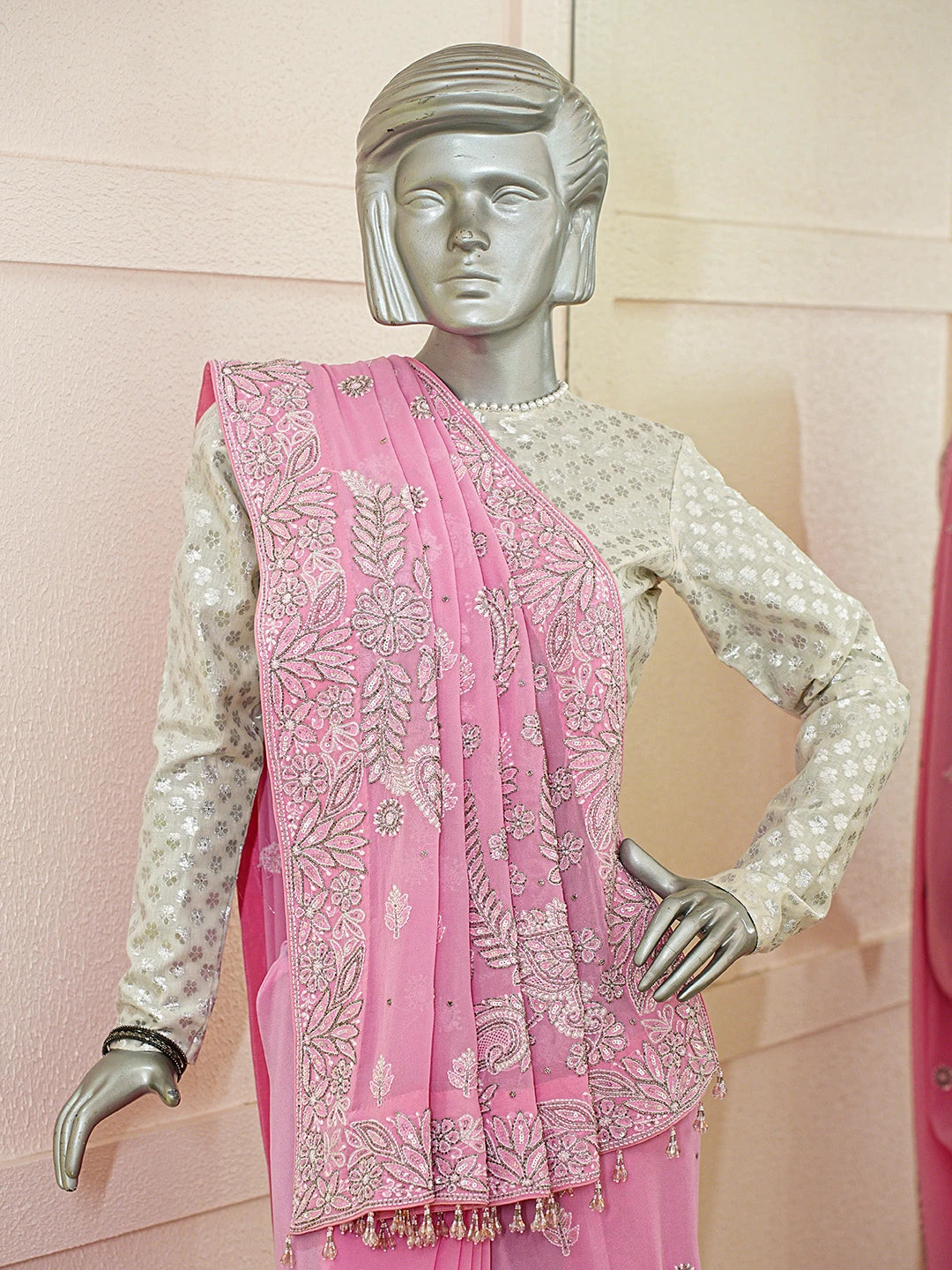 Ada Hand Embroidered Pink Pure Georgette Lucknowi Chikankari Saree With Blouse With Cutdana Work 01A689882