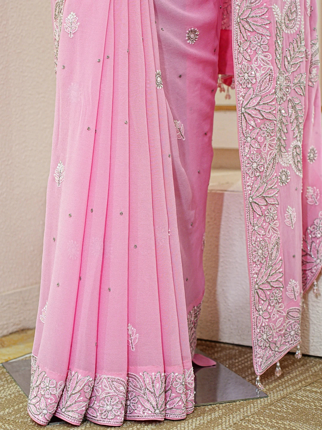 Ada Hand Embroidered Pink Pure Georgette Lucknowi Chikankari Saree With Blouse With Cutdana Work 01A689882