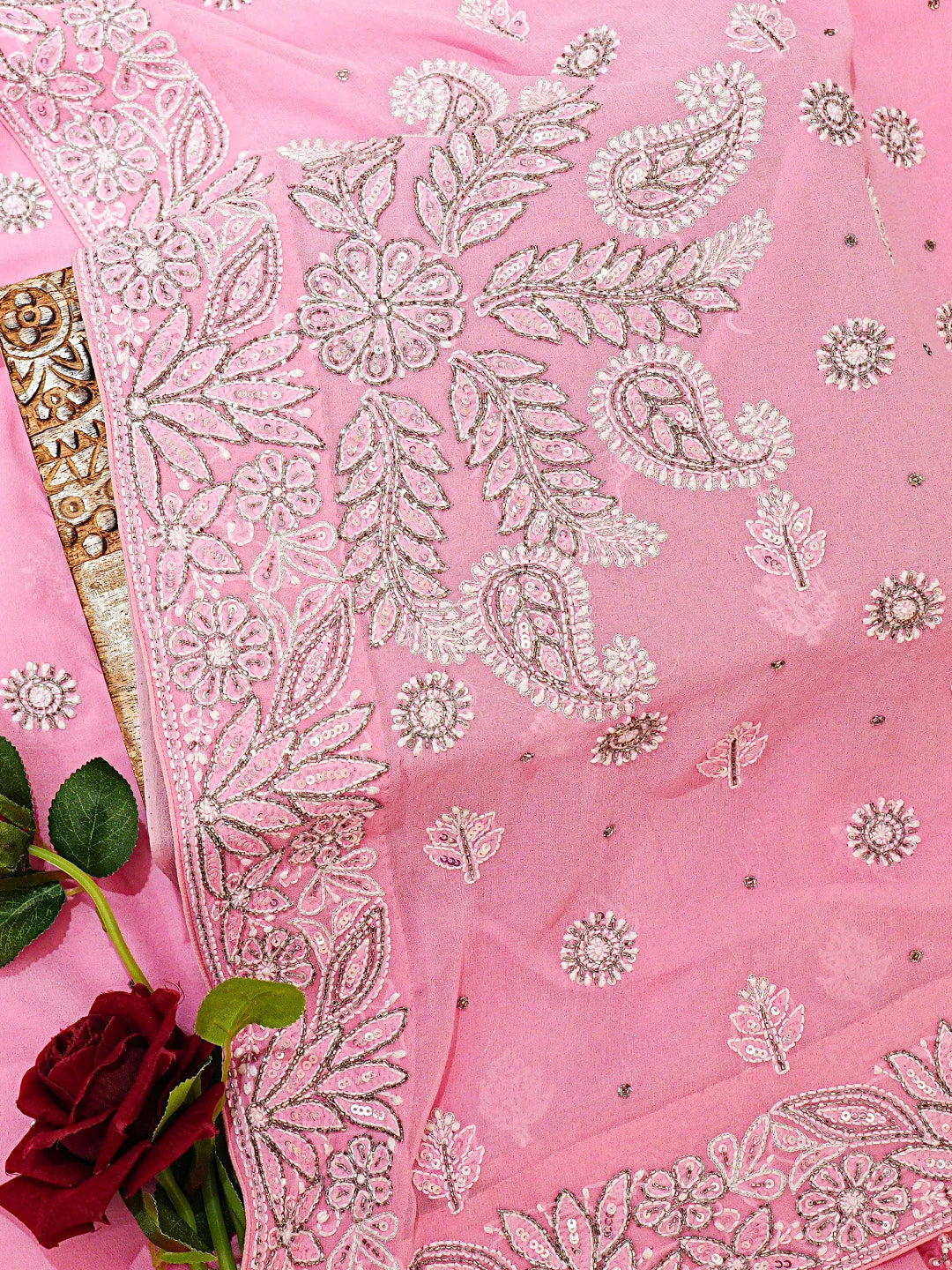 Ada Hand Embroidered Pink Pure Georgette Lucknowi Chikankari Saree With Blouse With Cutdana Work 01A689882