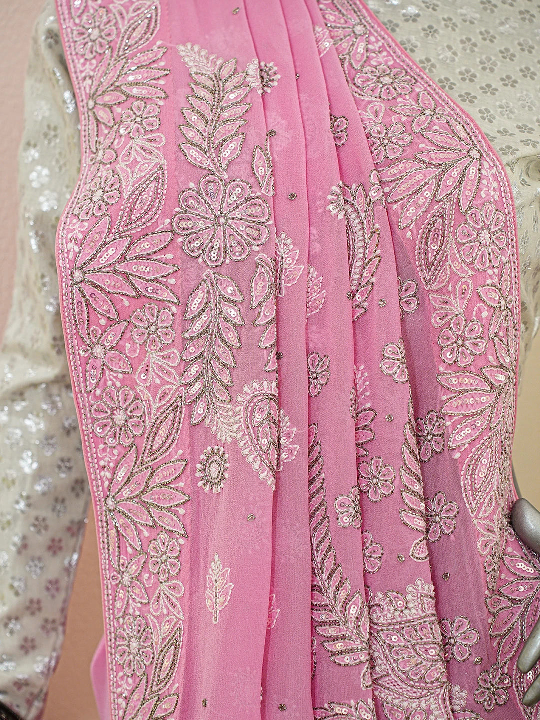 Ada Hand Embroidered Pink Pure Georgette Lucknowi Chikankari Saree With Blouse With Cutdana Work 01A689882