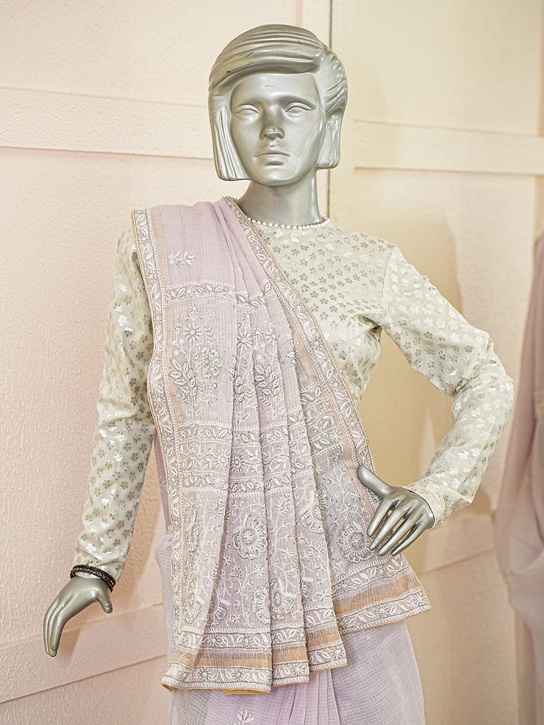 Ada Hand Embroidered Lavender Kota Lucknowi Chikankari Saree With Blouse With Cutdana Work 01A695768
