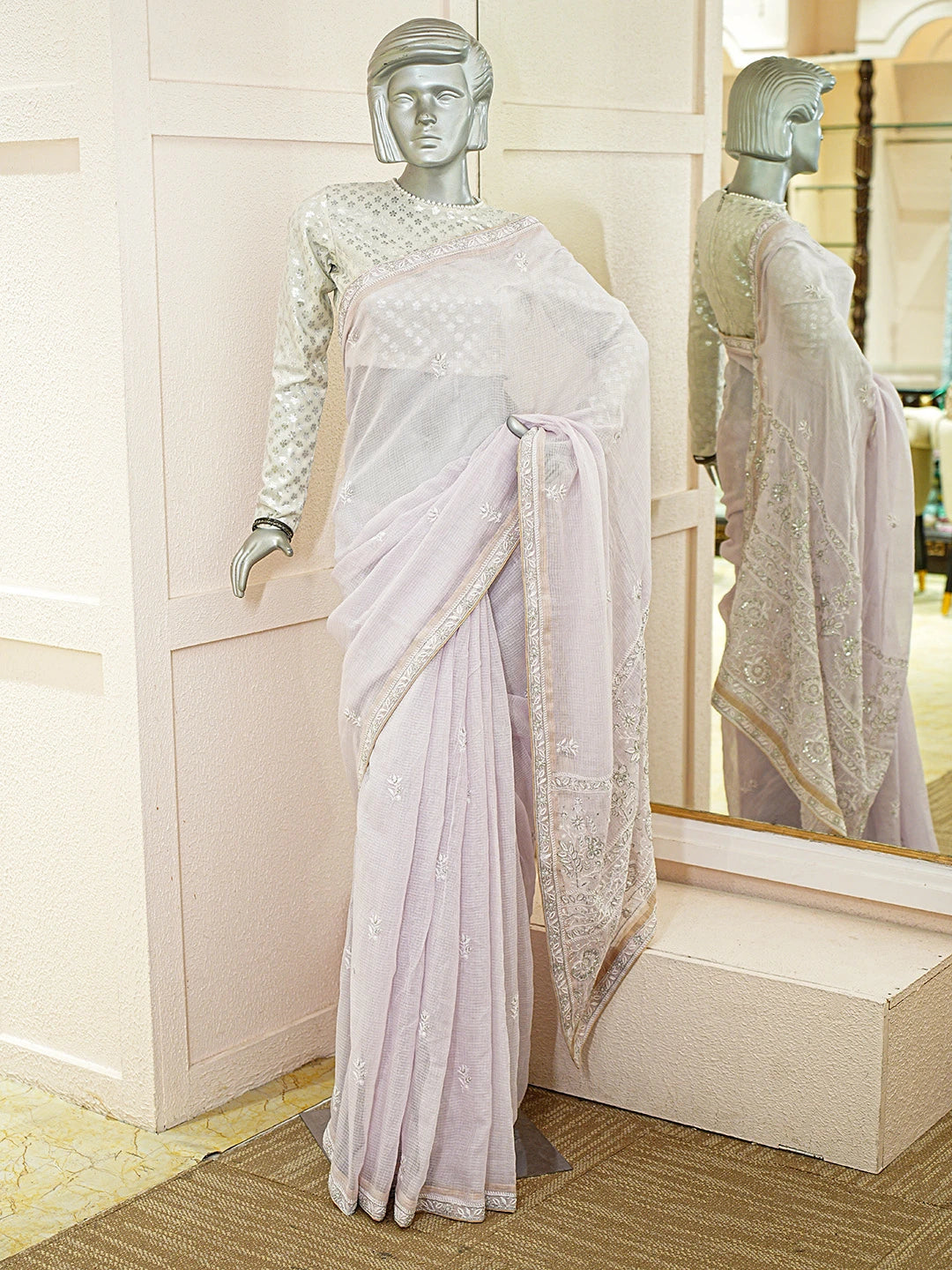Ada Hand Embroidered Lavender Kota Lucknowi Chikankari Saree With Blouse With Cutdana Work 01A695768