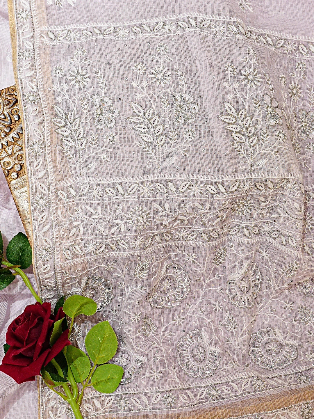 Ada Hand Embroidered Lavender Kota Lucknowi Chikankari Saree With Blouse With Cutdana Work 01A695768