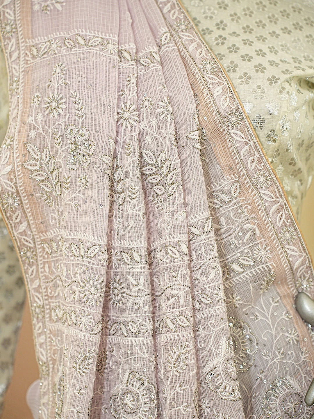 Ada Hand Embroidered Lavender Kota Lucknowi Chikankari Saree With Blouse With Cutdana Work 01A695768
