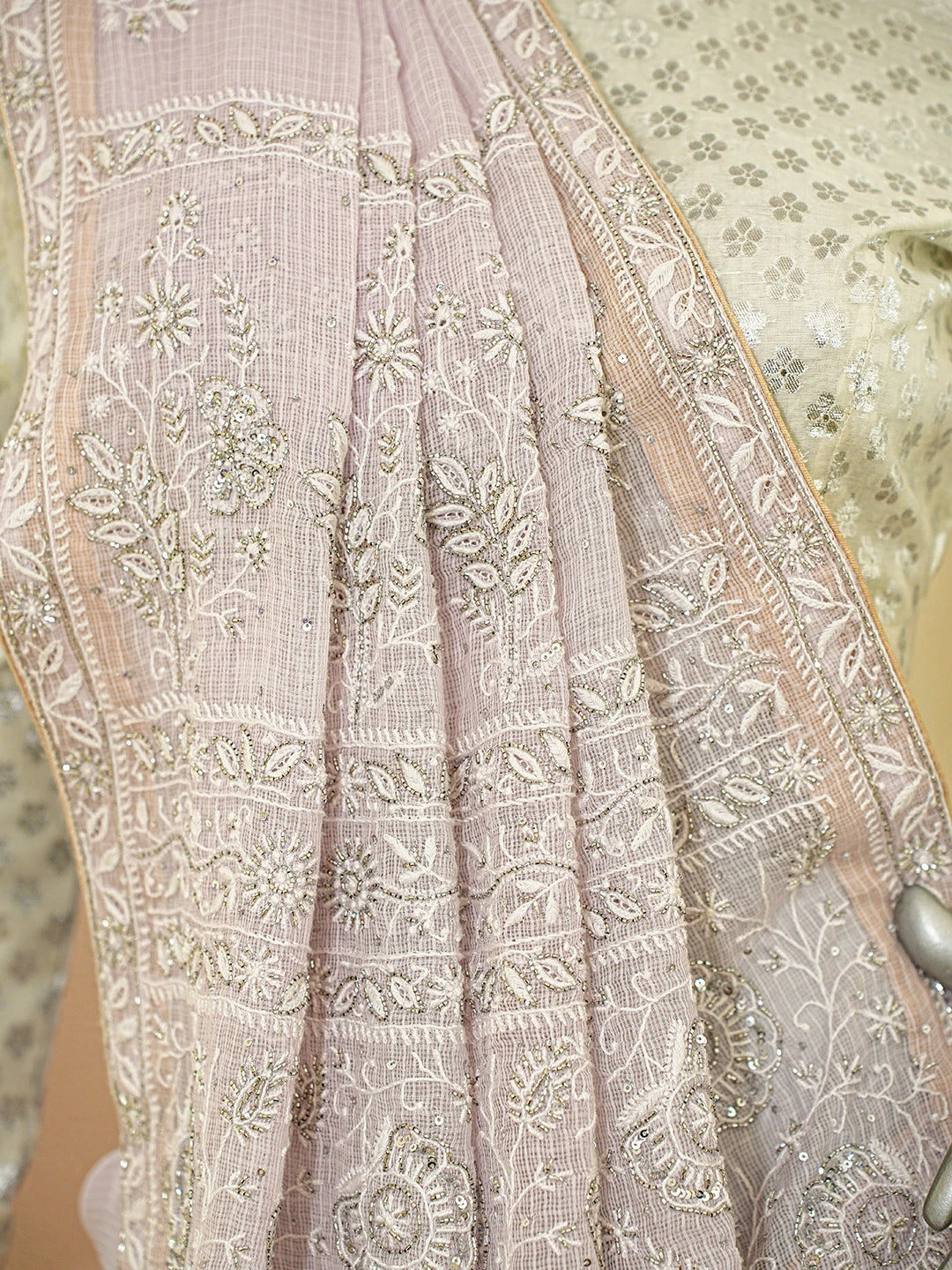 Ada Hand Embroidered Lavender Kota Lucknowi Chikankari Saree With Blouse With Cutdana Work 01A695768