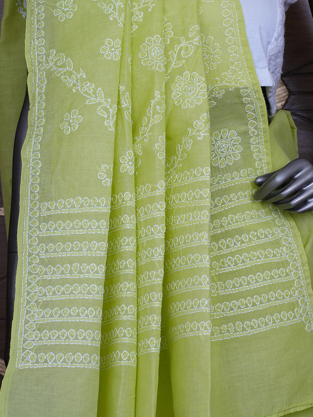 Ada Hand Embroidered Green Cotton Lucknowi Chikankari Saree and Blouse 01A866225