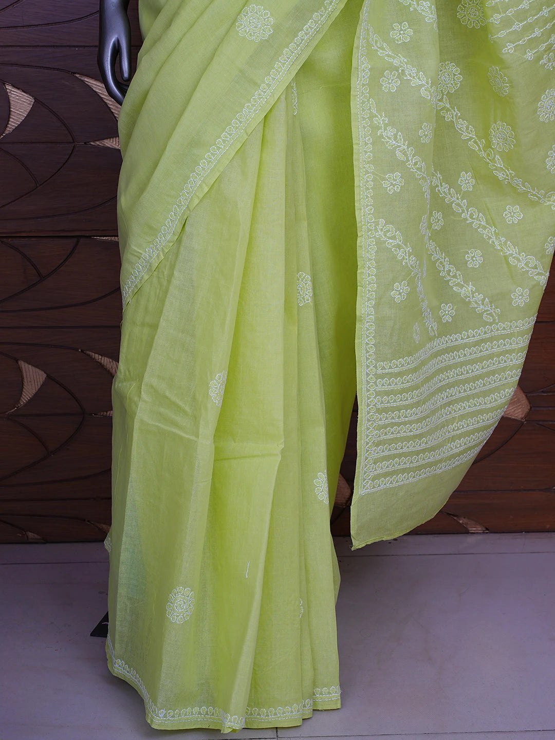 Ada Hand Embroidered Green Cotton Lucknowi Chikankari Saree and Blouse 01A866225