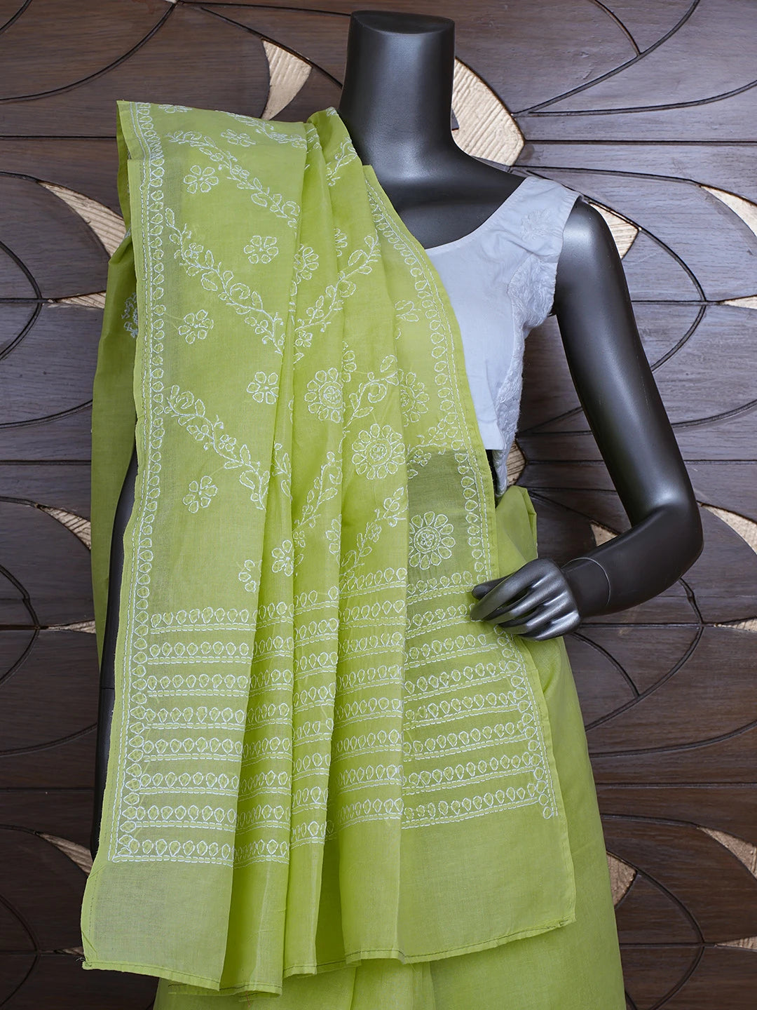 Ada Hand Embroidered Green Cotton Lucknowi Chikankari Saree and Blouse 01A866225