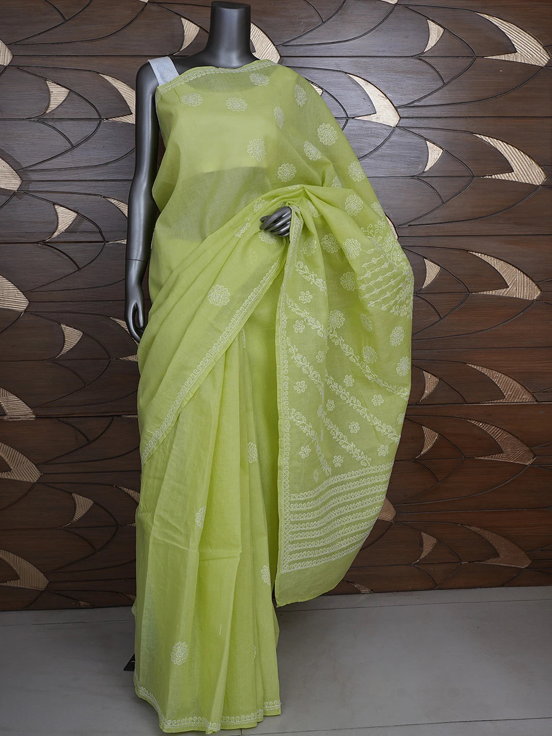 Ada Hand Embroidered Green Cotton Lucknowi Chikankari Saree and Blouse 01A866225