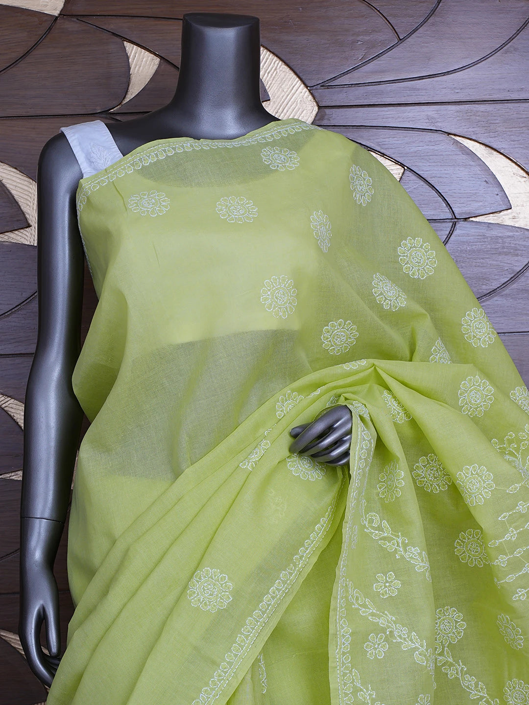 Ada Hand Embroidered Green Cotton Lucknowi Chikankari Saree and Blouse 01A866225