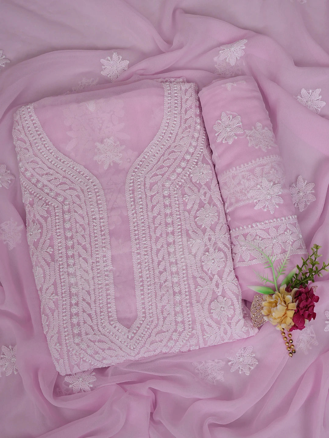 Ada Hand Embroidered Pink Georgette Lucknowi Chikankari Unstitched Suit Piece 01A835653