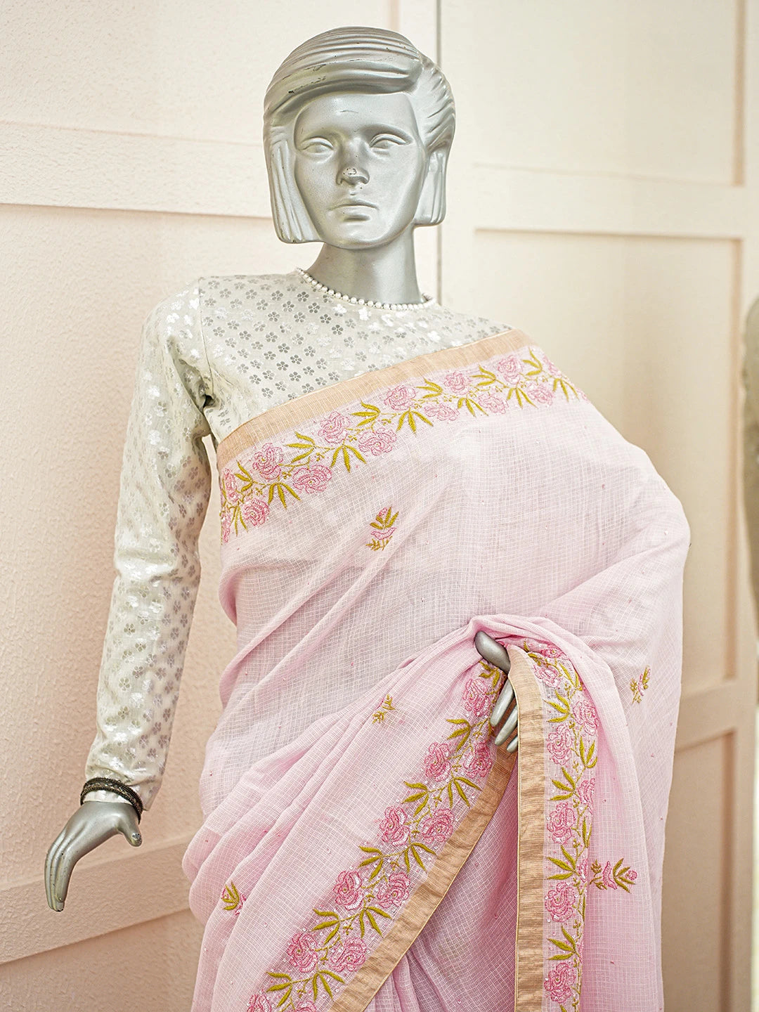 Ada Hand Embroidered Pink Kota Moonga Lucknowi Chikankari Saree With Blouse With Cutdana Work 01A719338