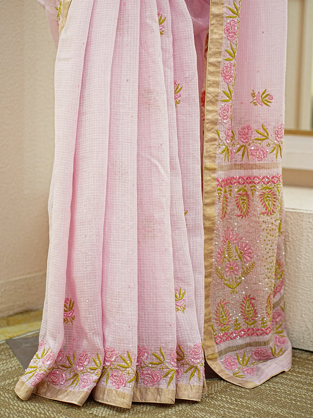 Ada Hand Embroidered Pink Kota Moonga Lucknowi Chikankari Saree With Blouse With Cutdana Work 01A719338