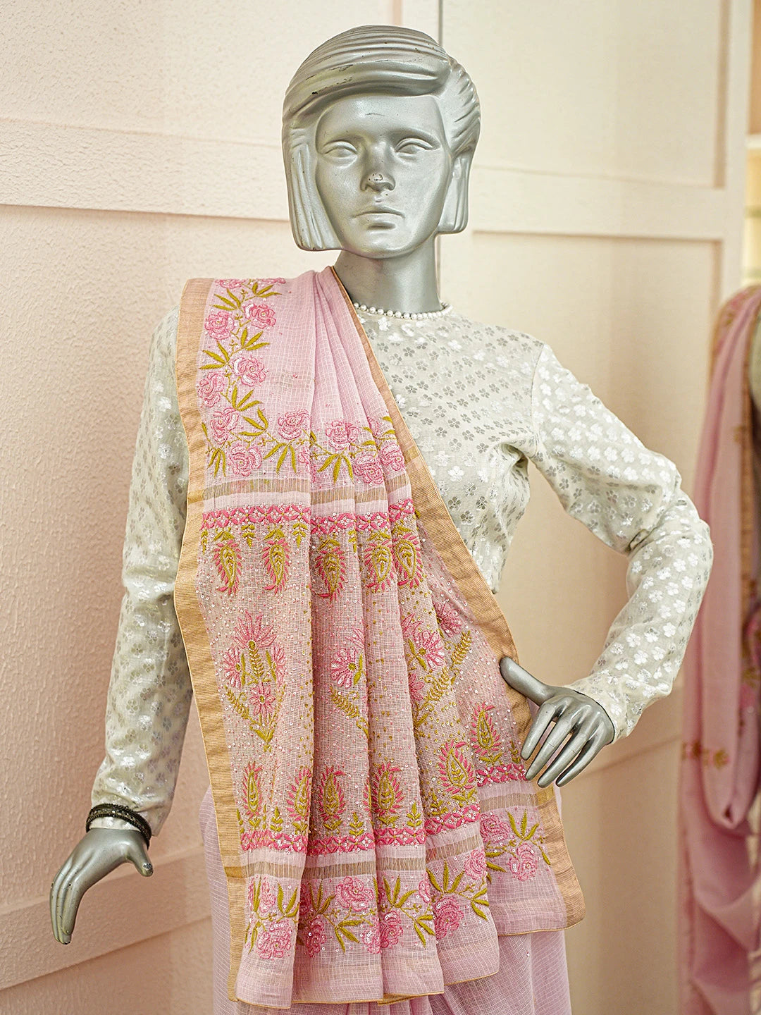 Ada Hand Embroidered Pink Kota Moonga Lucknowi Chikankari Saree With Blouse With Cutdana Work 01A719338