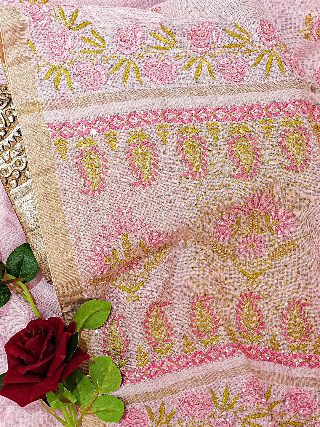 Ada Hand Embroidered Pink Kota Moonga Lucknowi Chikankari Saree With Blouse With Cutdana Work 01A719338