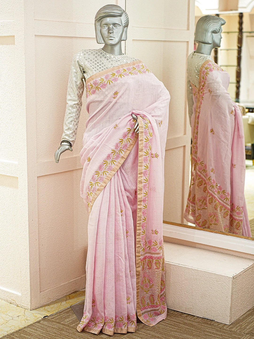 Ada Hand Embroidered Pink Kota Moonga Lucknowi Chikankari Saree With Blouse With Cutdana Work 01A719338