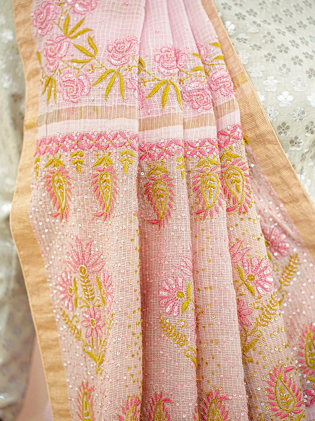 Ada Hand Embroidered Pink Kota Moonga Lucknowi Chikankari Saree With Blouse With Cutdana Work 01A719338