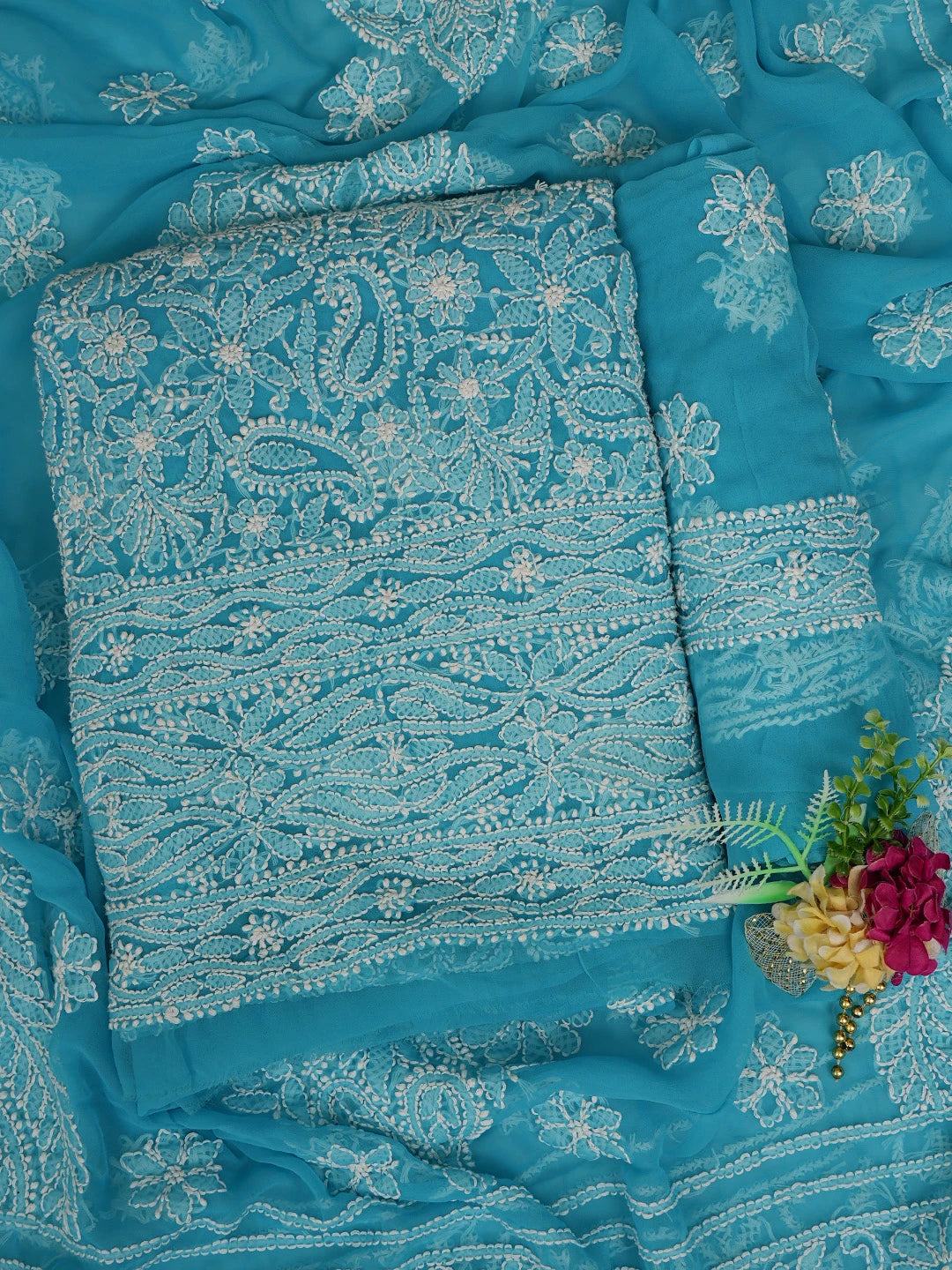 Ada Hand Embroidered Blue (Munsell) Georgette Lucknowi Chikankari Unstitched Suit Piece 01A114523