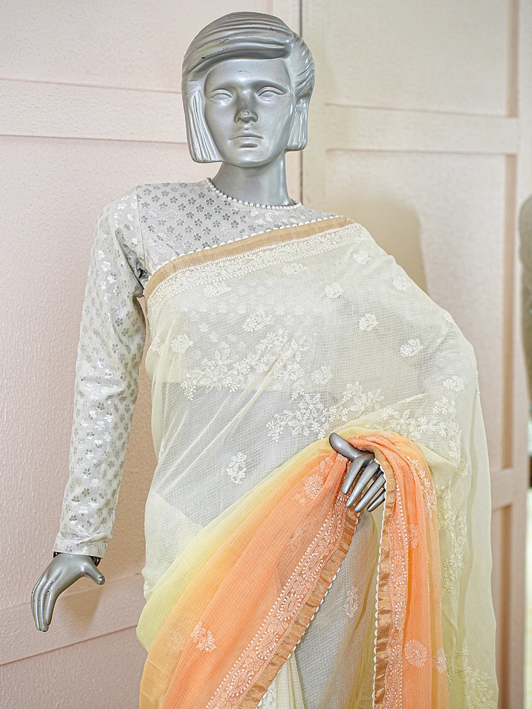 Ada Hand Embroidered Ombre Shade Of Cream & Light Orange Kota Lucknowi Chikankari Saree With Blouse 01A753757