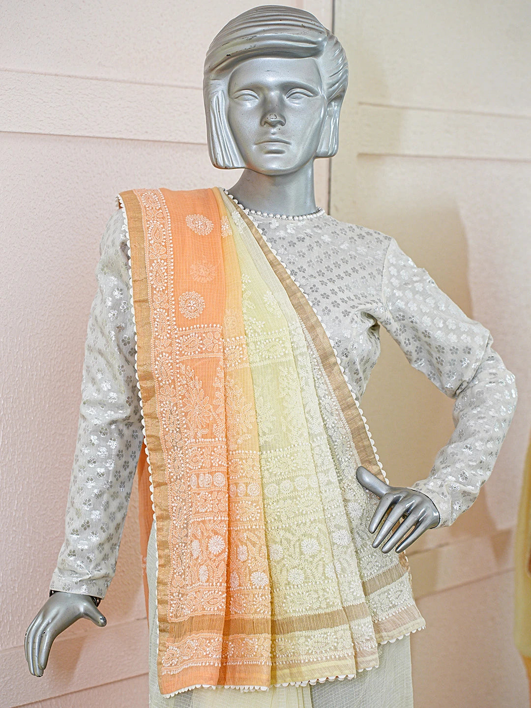 Ada Hand Embroidered Ombre Shade Of Cream & Light Orange Kota Lucknowi Chikankari Saree With Blouse 01A753757