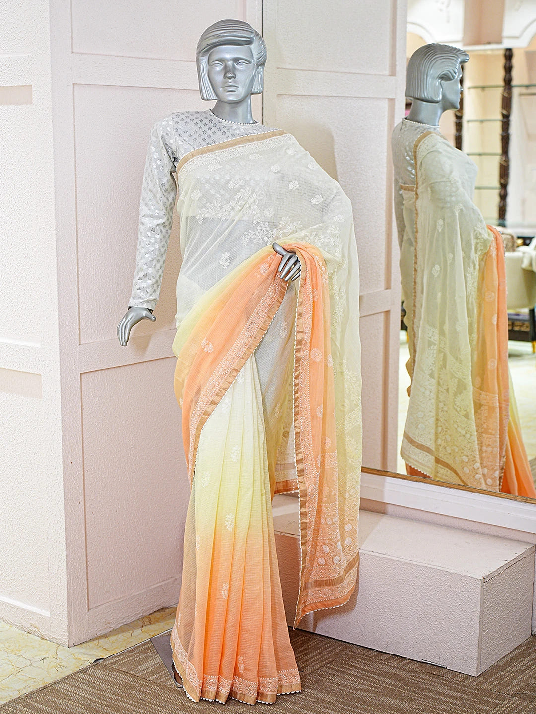 Ada Hand Embroidered Ombre Shade Of Cream & Light Orange Kota Lucknowi Chikankari Saree With Blouse 01A753757