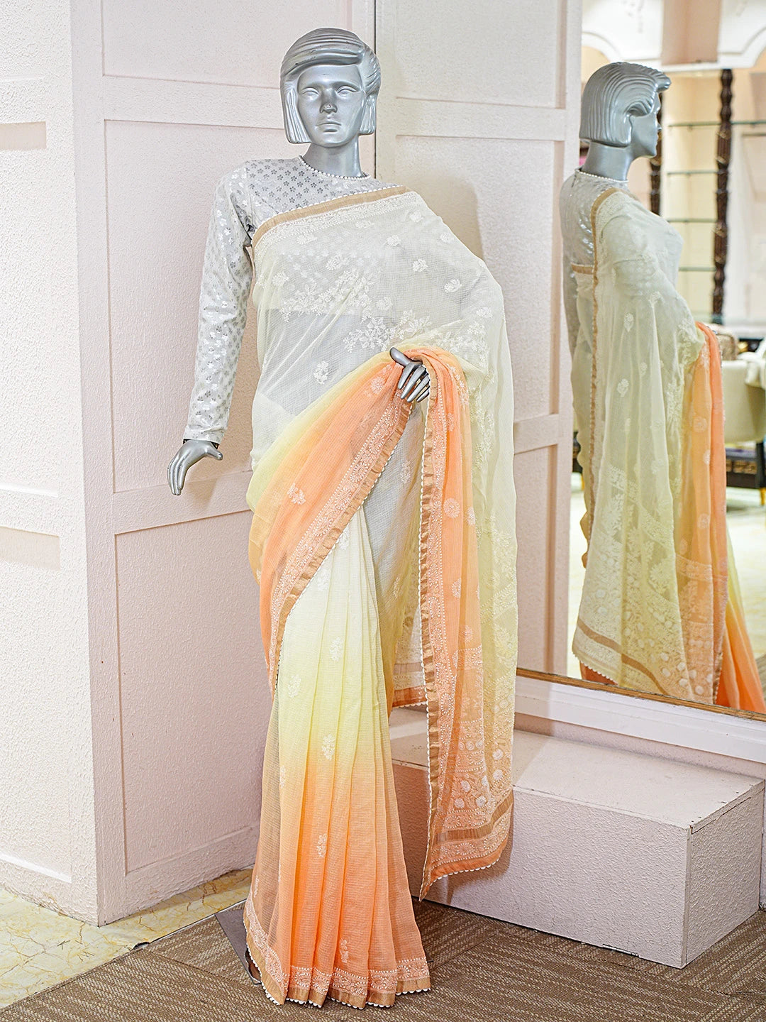 Ada Hand Embroidered Ombre Shade Of Cream & Light Orange Kota Lucknowi Chikankari Saree With Blouse 01A753757